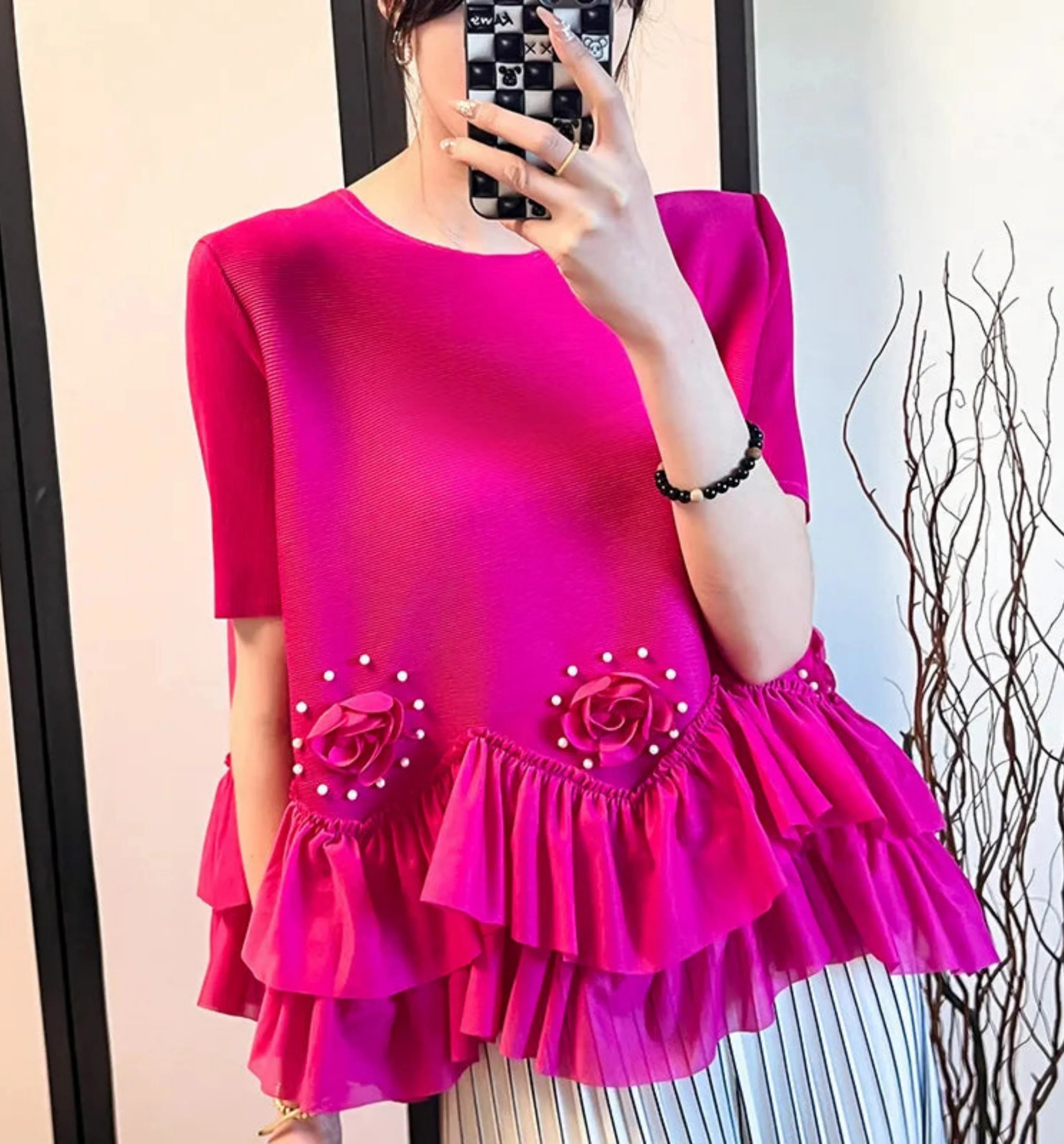 Floral Plissé Ruffle Blouse Top