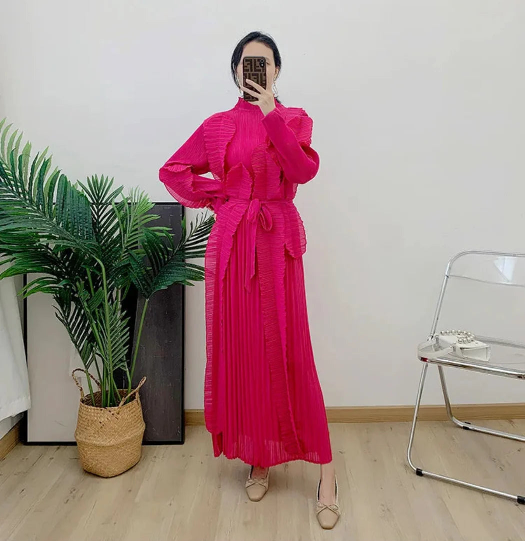 Plissé Pleated Chiffon Long Sleeve Midi Dress