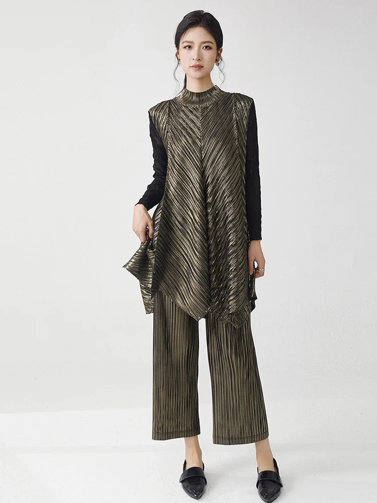 Metallic Pleated Tunic Top & Wide Leg Pants Set