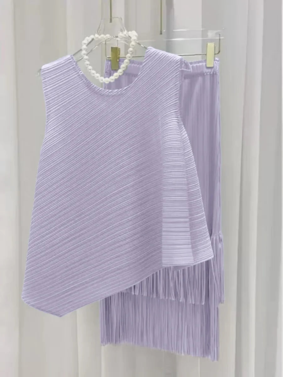 Luxury Plissé Pleated Tassel Skirt Set