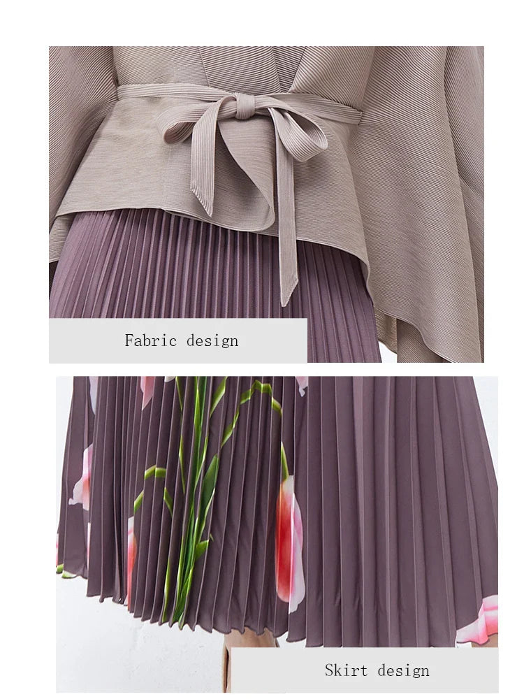 Luxury Floral Print Pleated Skirt and Top Set