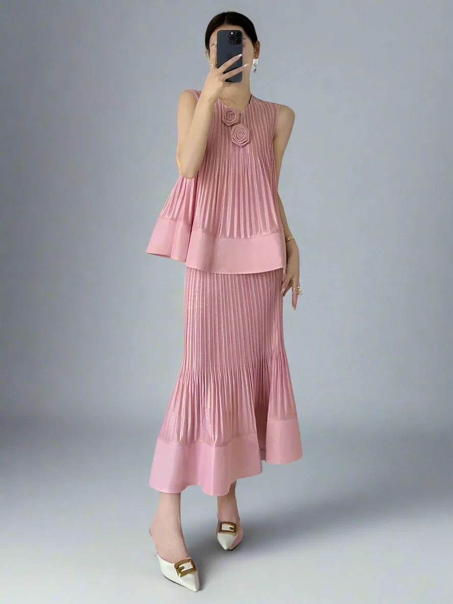 Modest Sleeveless Pleat Pull-On Skirt Set