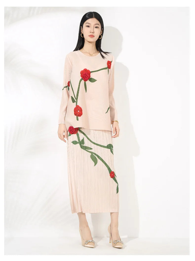 Luxe Feminine Rose Top & Pleated Skirt Set