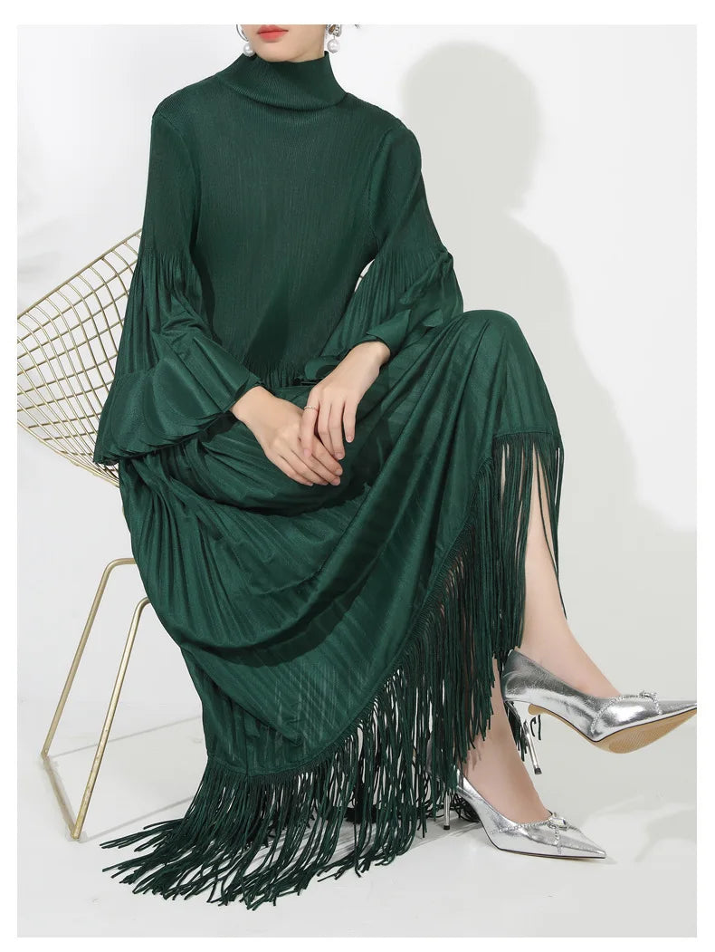 Pleated Long Sleeve Midi Dress with Tassels