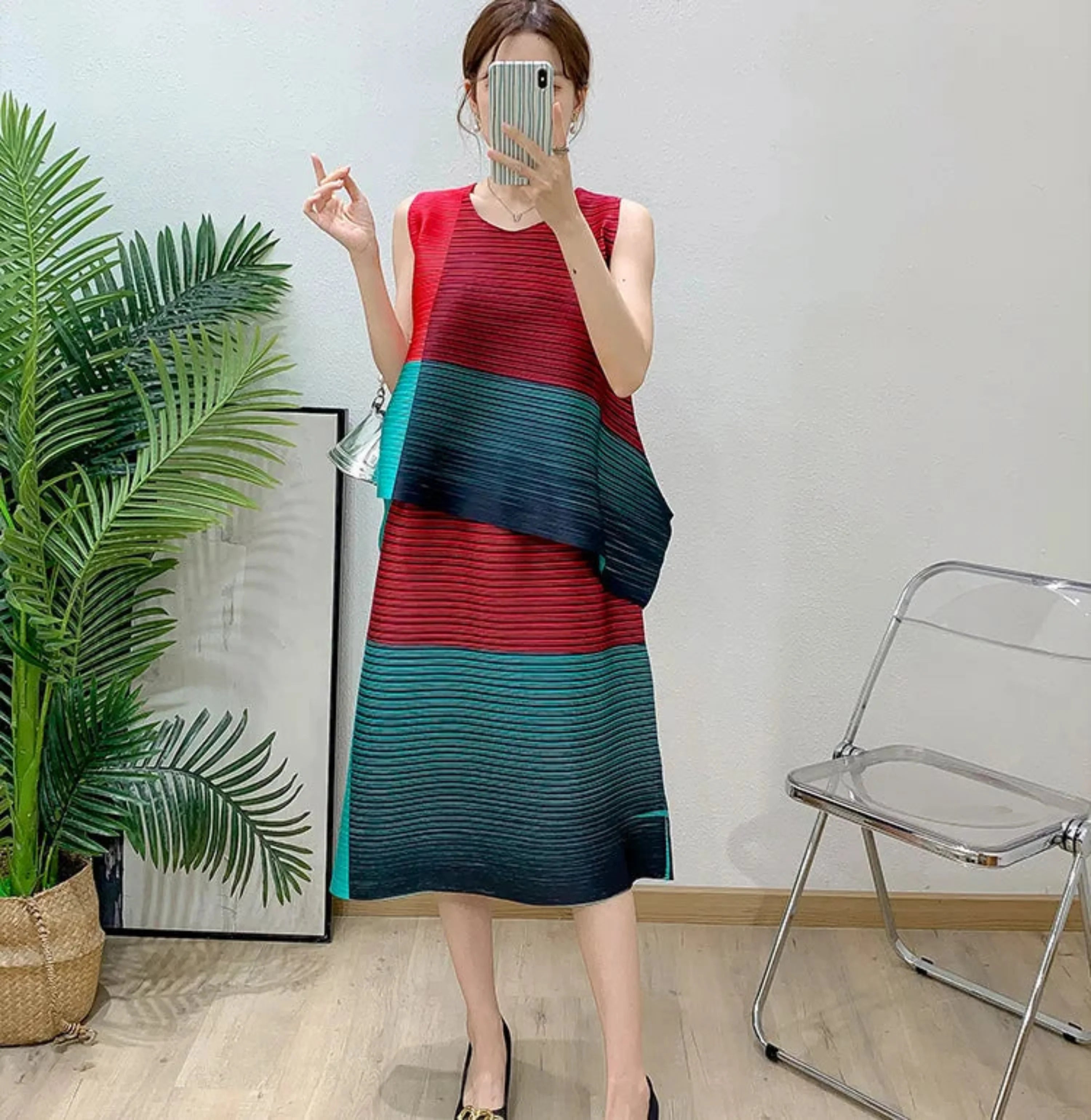Asymmetric Pleated Sleeveless Top & Skirt
