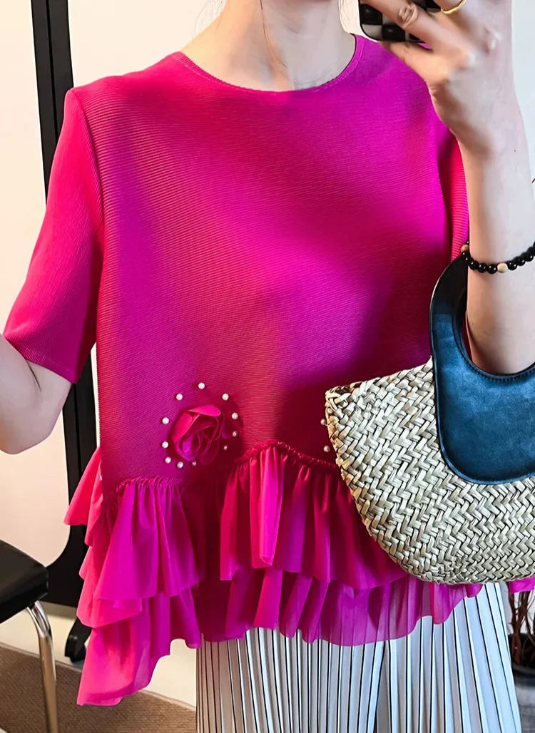 Floral Plissé Ruffle Blouse Top