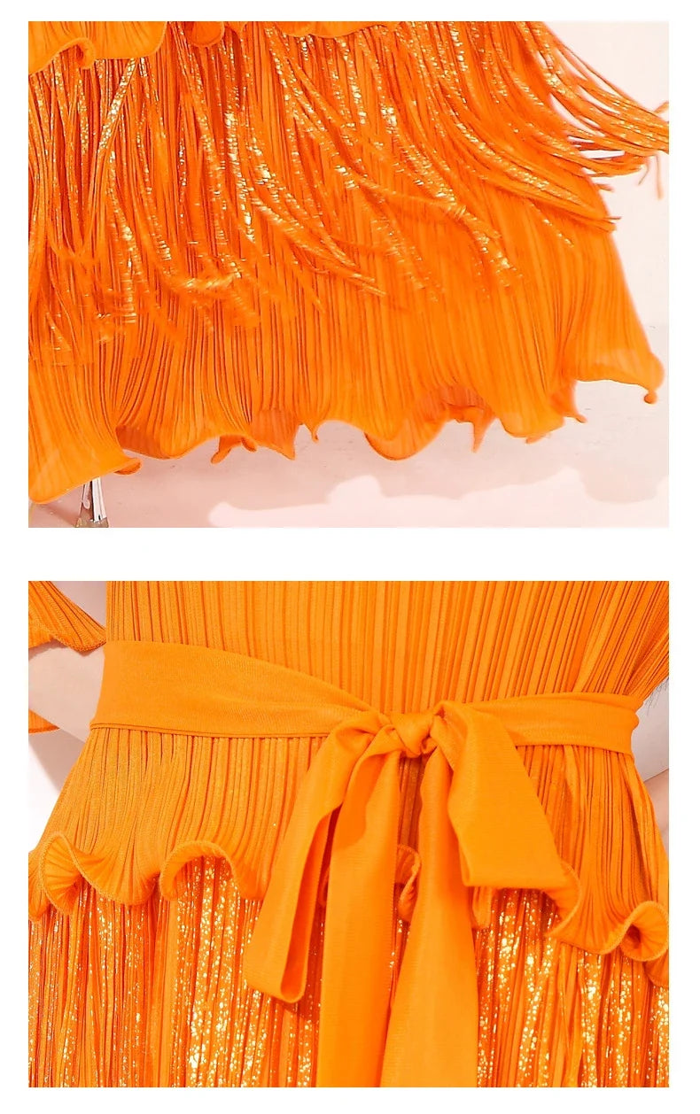 Plissé Japanese Fringe Midi Dress