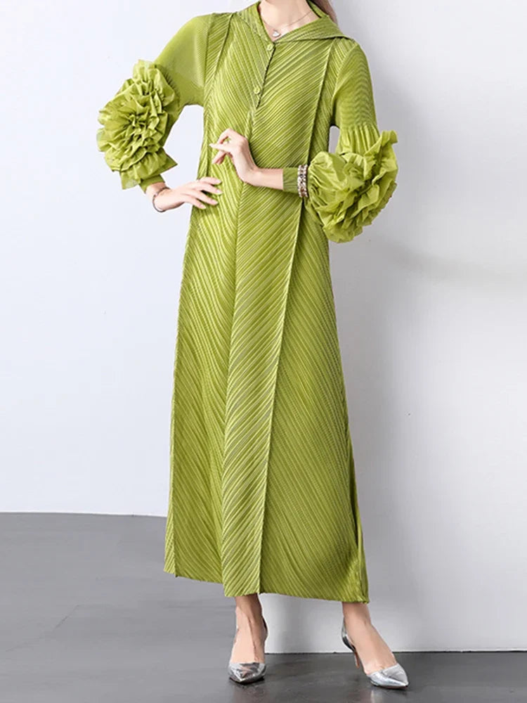 Plissé Pleated Long Sleeve Dress