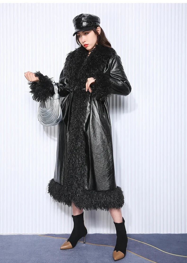 Couture Vegan Leather Trench with Shaggy Fur