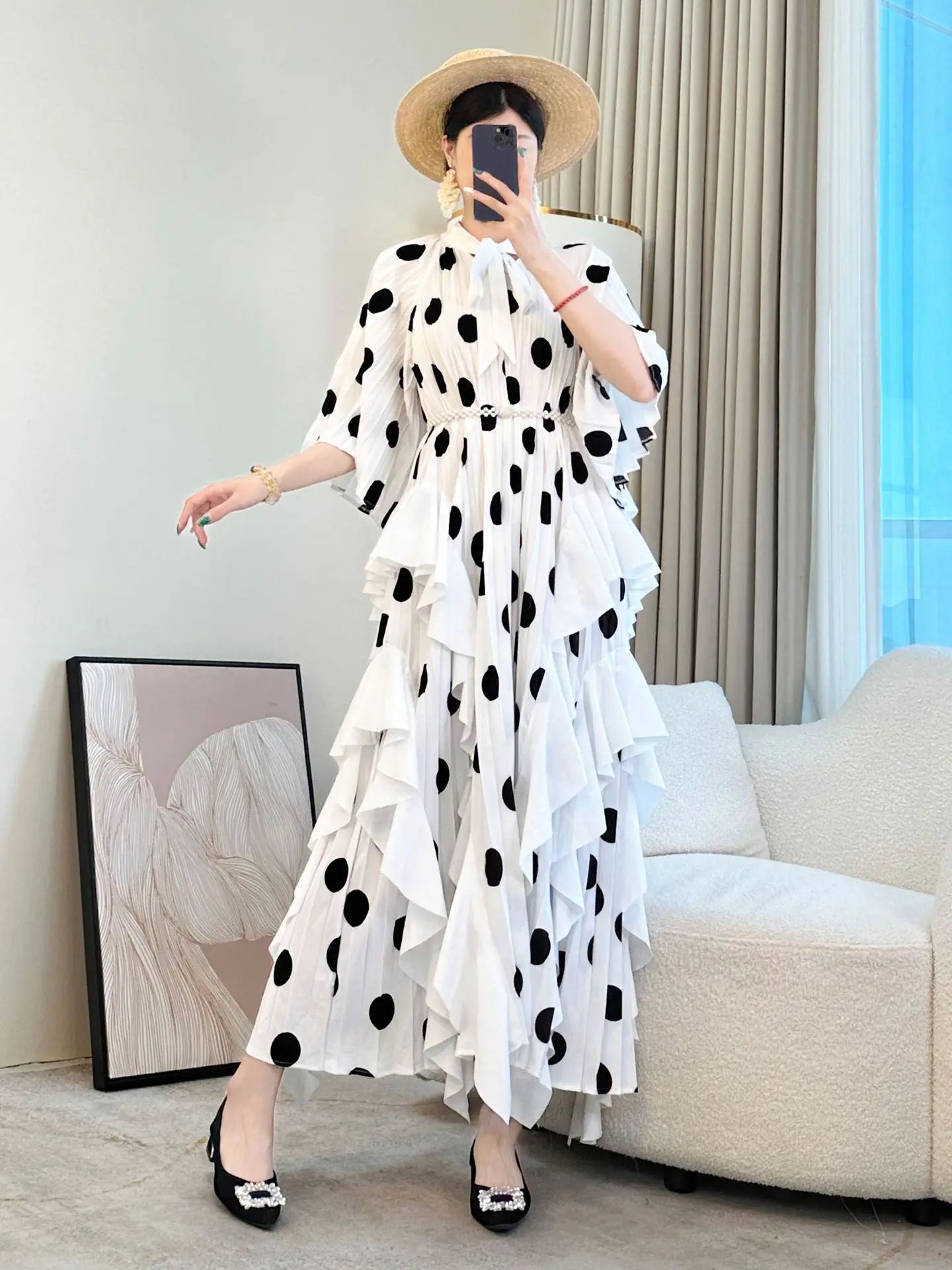 Luxury Ruffle Pleated Midi Dress