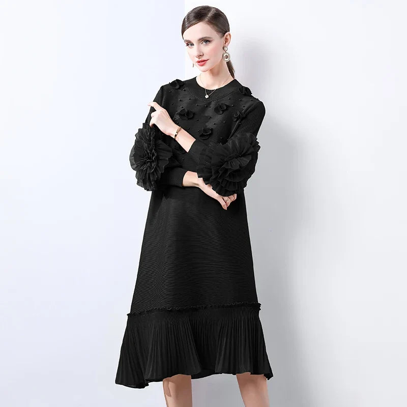 Cocktail Party Dress - Pleated Midi, Statement Sleeves