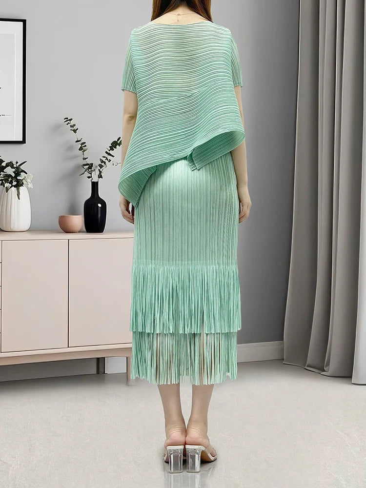 Asymmetric Pleated Fringe Skirt Set