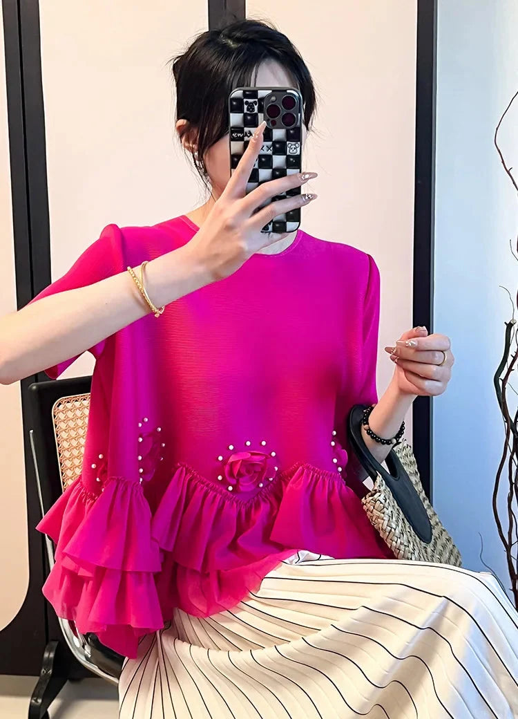 Floral Plissé Ruffle Blouse Top