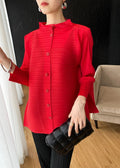 Luxury Red Pleated Asymmetrical Plissé Cardigan