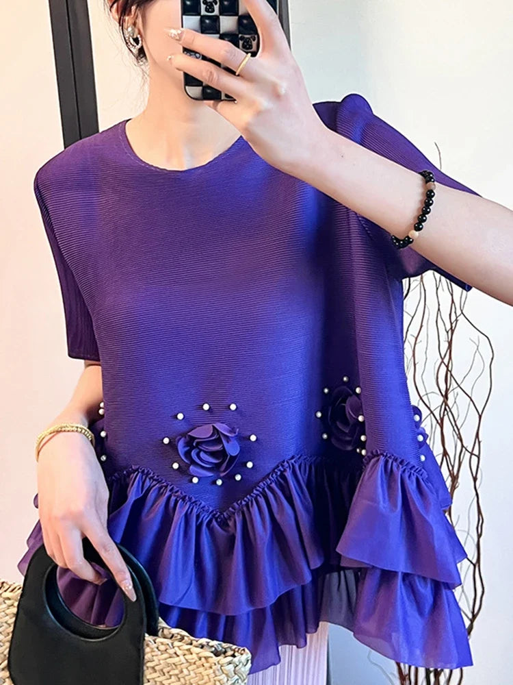 Floral Plissé Ruffle Blouse Top