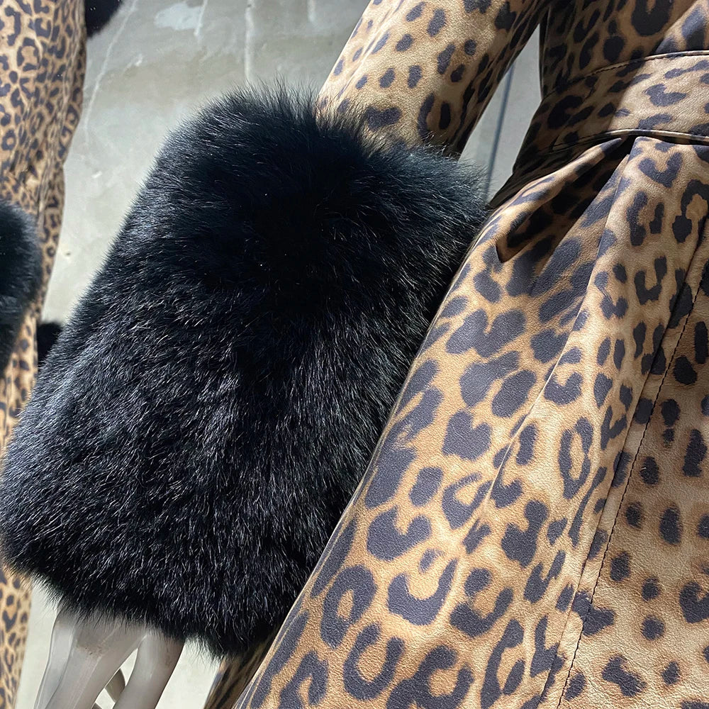 Women's Leather Coat with Fur Collar & Cuffs