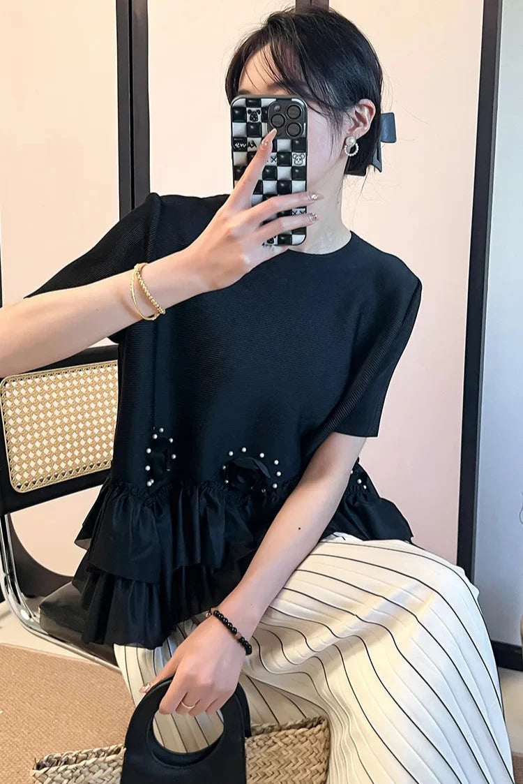 Floral Plissé Ruffle Blouse Top