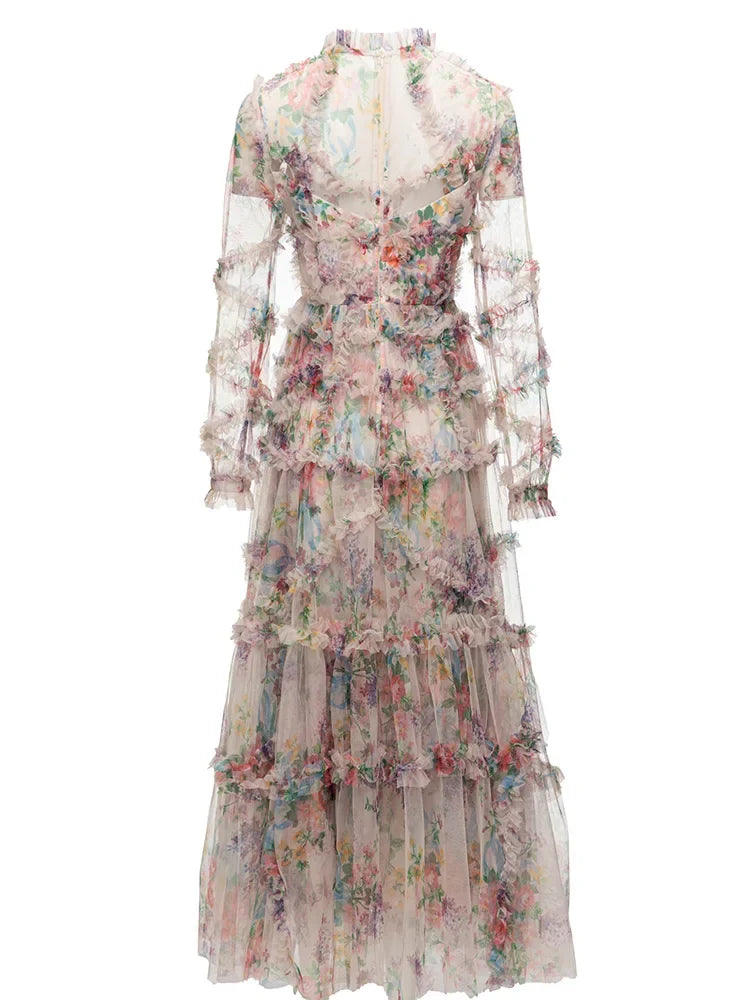 Elegant High Neck Ruffled Floral Midi Dress