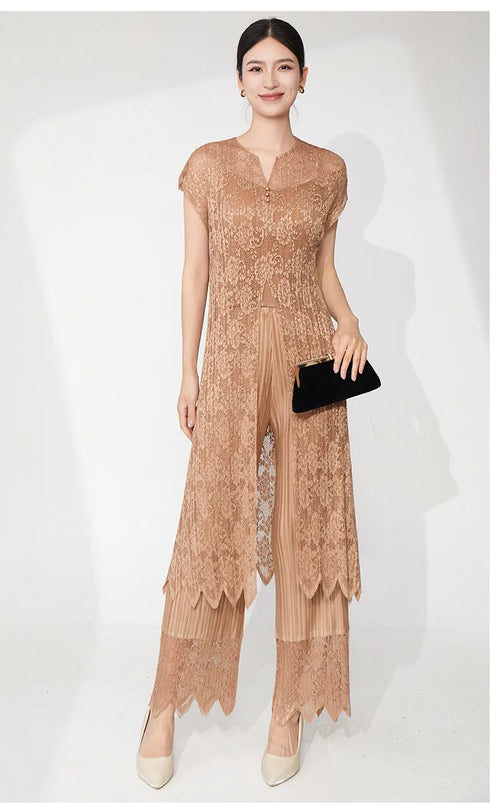 2-Piece Lace Pleated Palazzo Pants Outfit