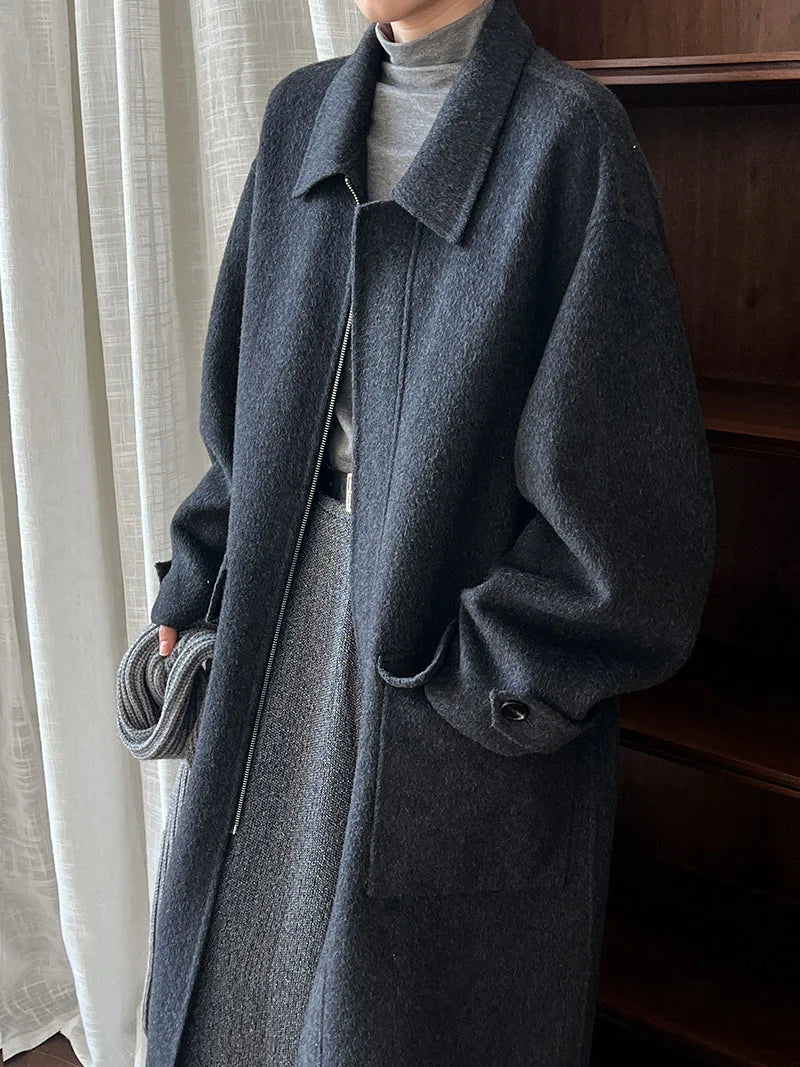 Luxe Oversized Cocoon Wool Zip-Up Long Coat
