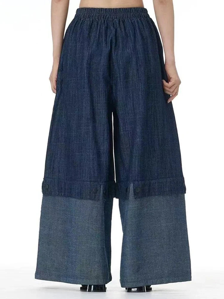 Cotton Denim Wide-Leg Pants with Elastic Waistband
