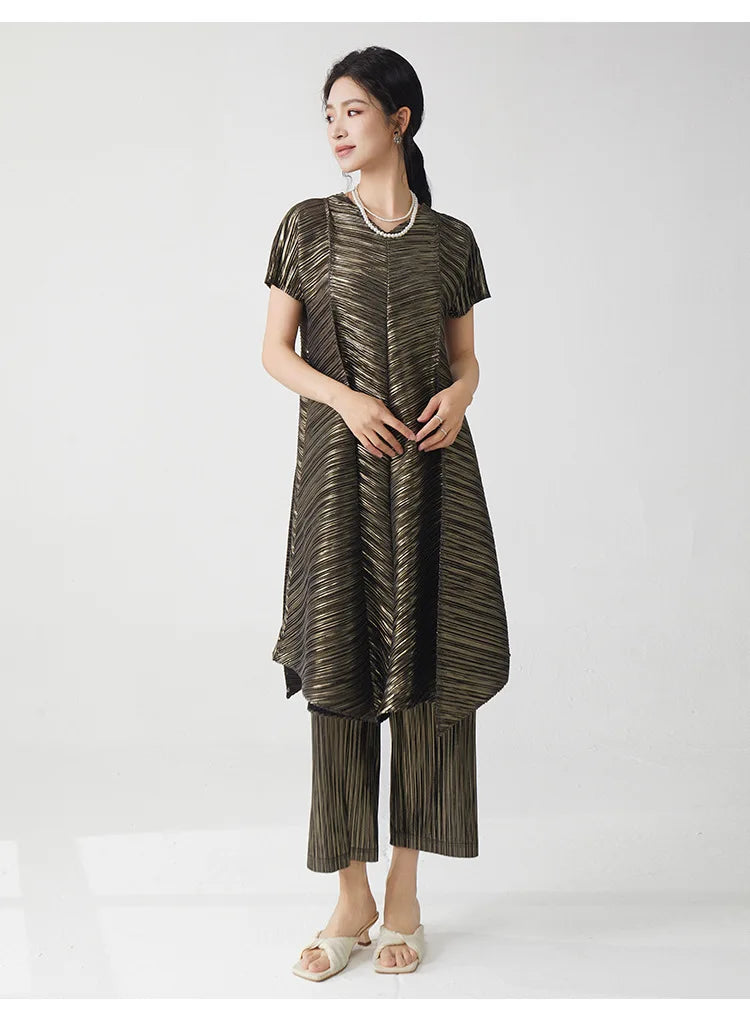 Gold Flowy Pleated Pant & Top Set