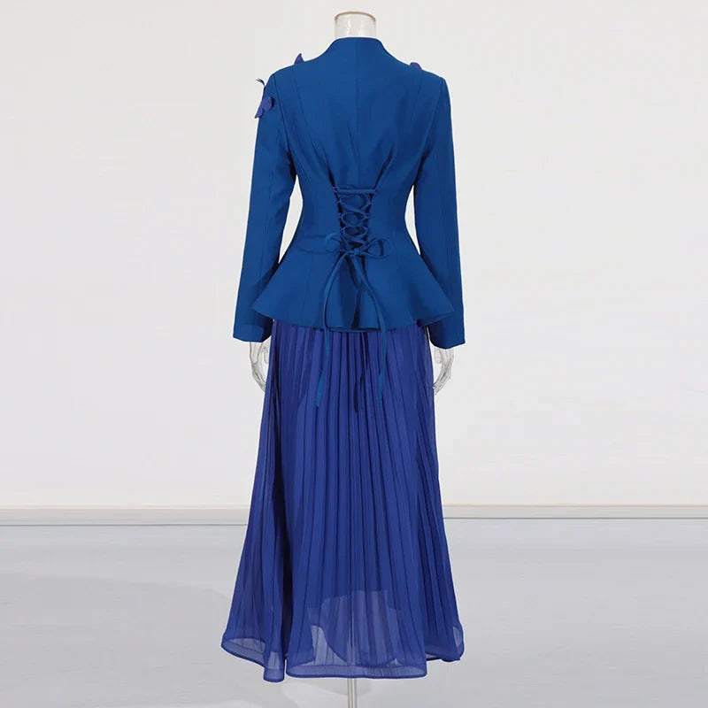 Designer Butterfly Blazer & Pleated Midi Skirt