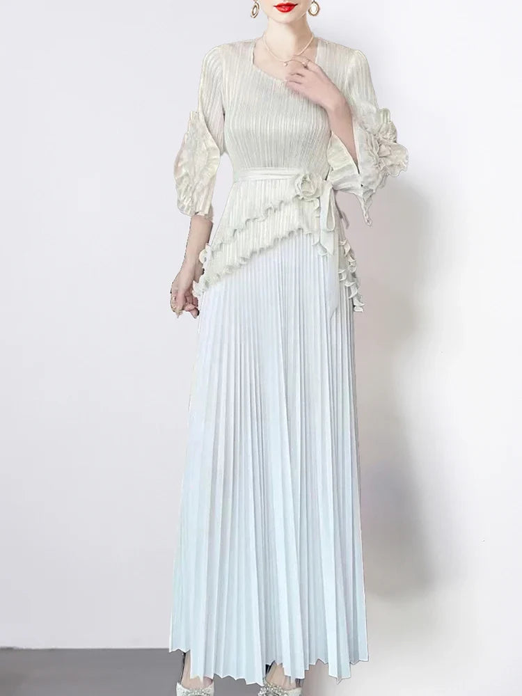 Pleated Metallic Top and Skirt Evening Formal Set