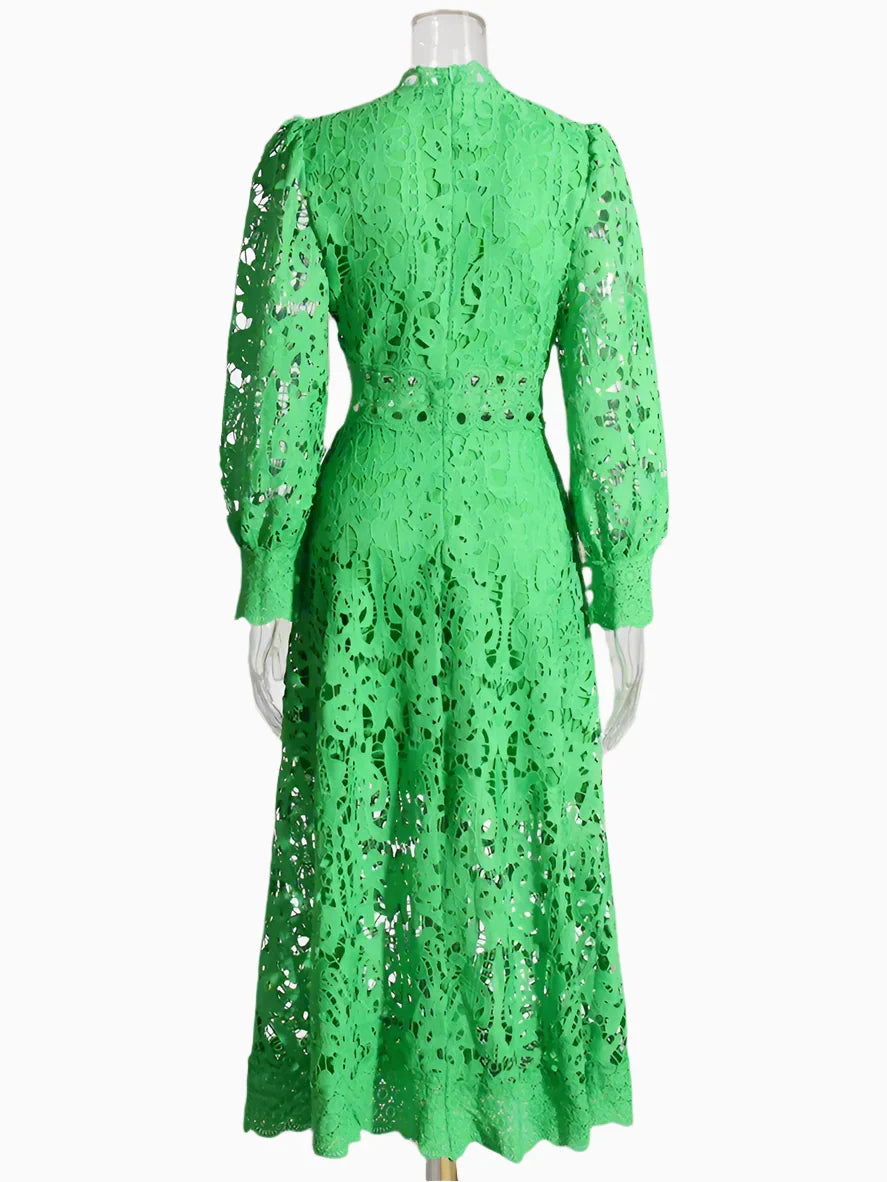 Luxury Cutout High Neck Lace Midi Dress