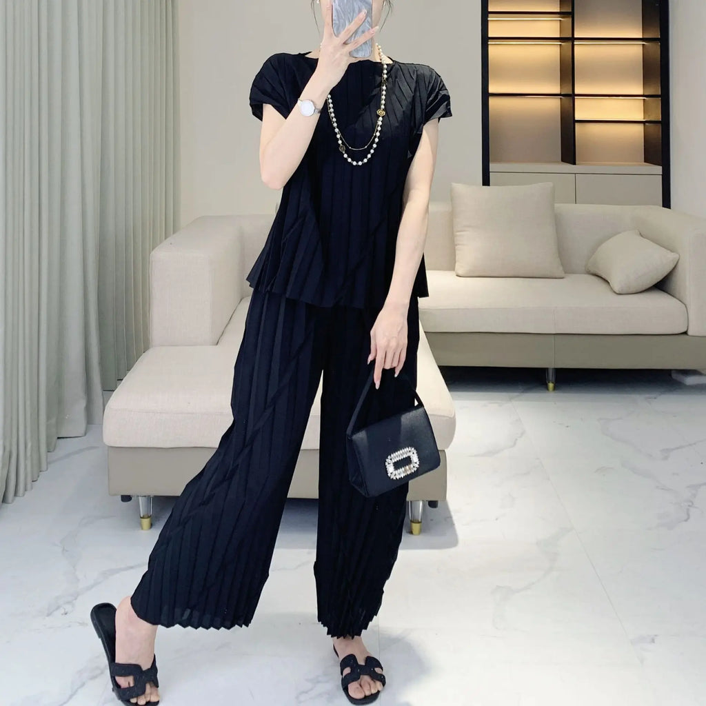Pleated Vertical Wide Leg Set