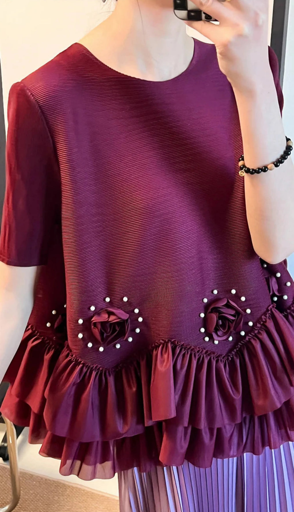 Floral Plissé Ruffle Blouse Top