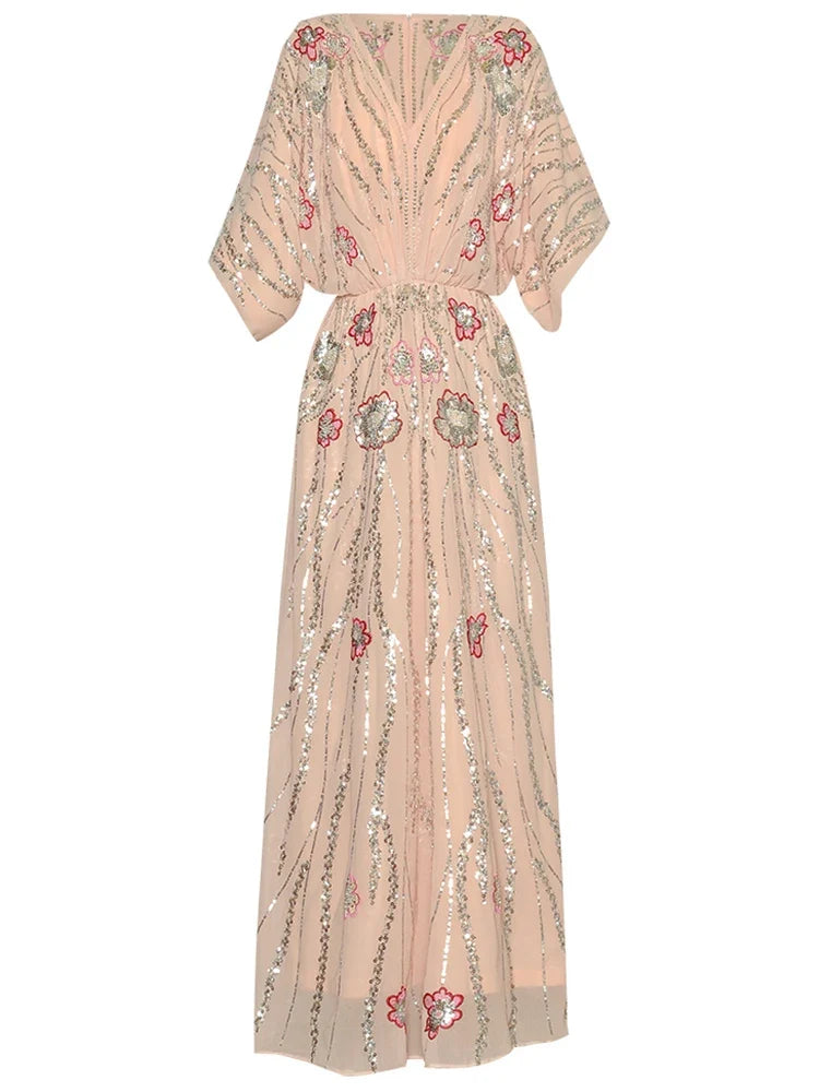 Flowy Sequin-Adorned Evening Dress