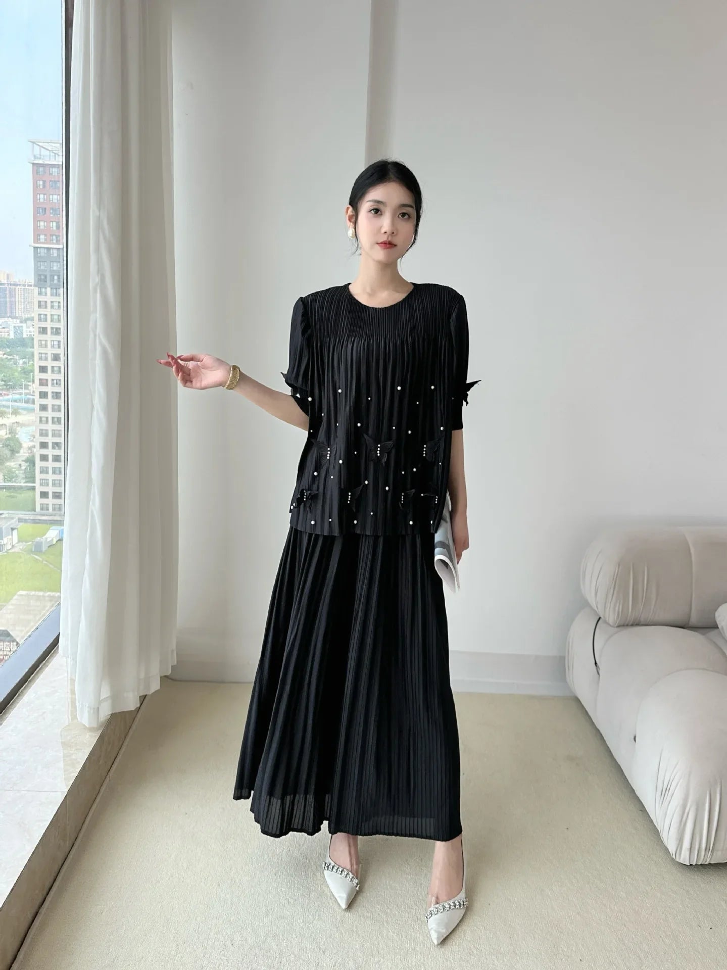 Plissé Beaded 2-Piece Trouser Set