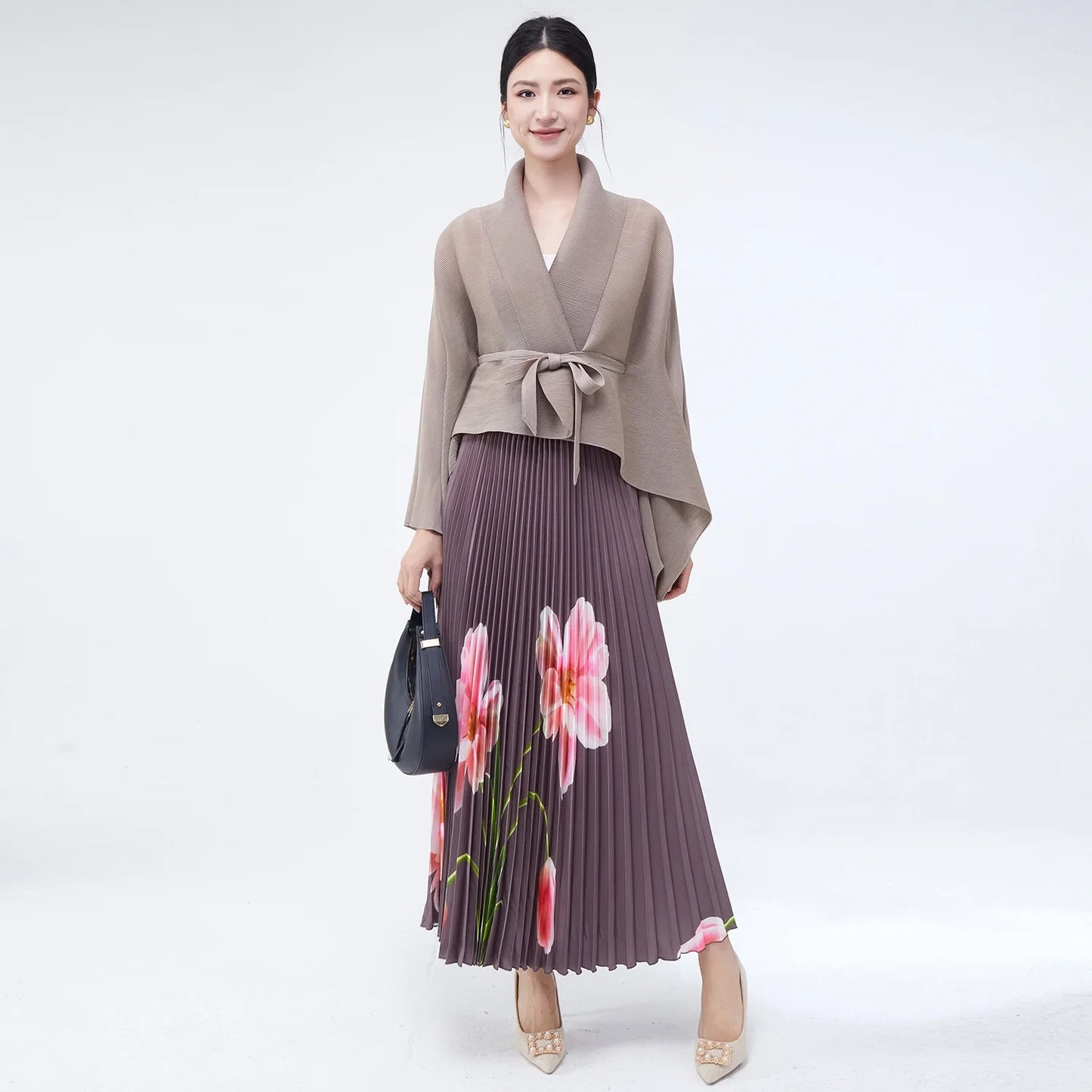 Luxury Floral Print Pleated Skirt and Top Set
