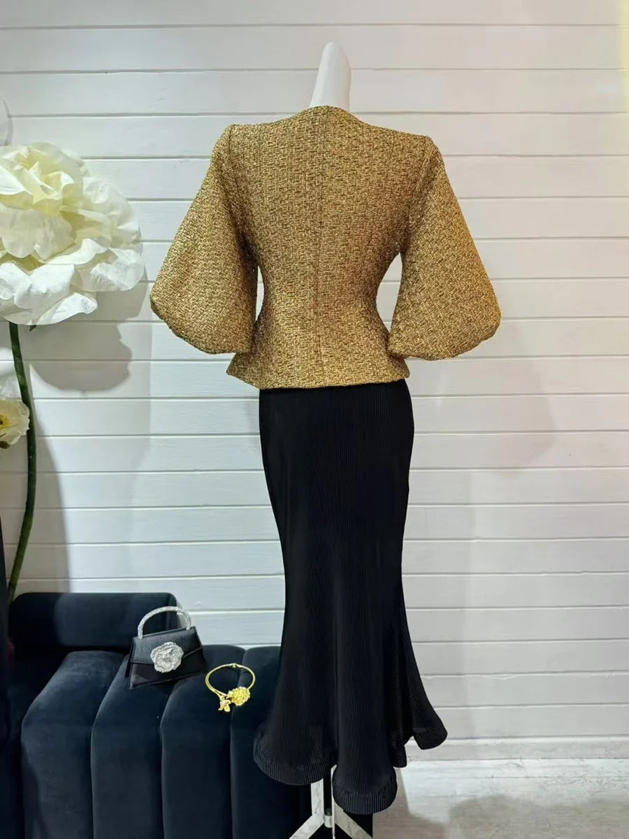 Women's Gold Metallic Tweed Peplum Jacket