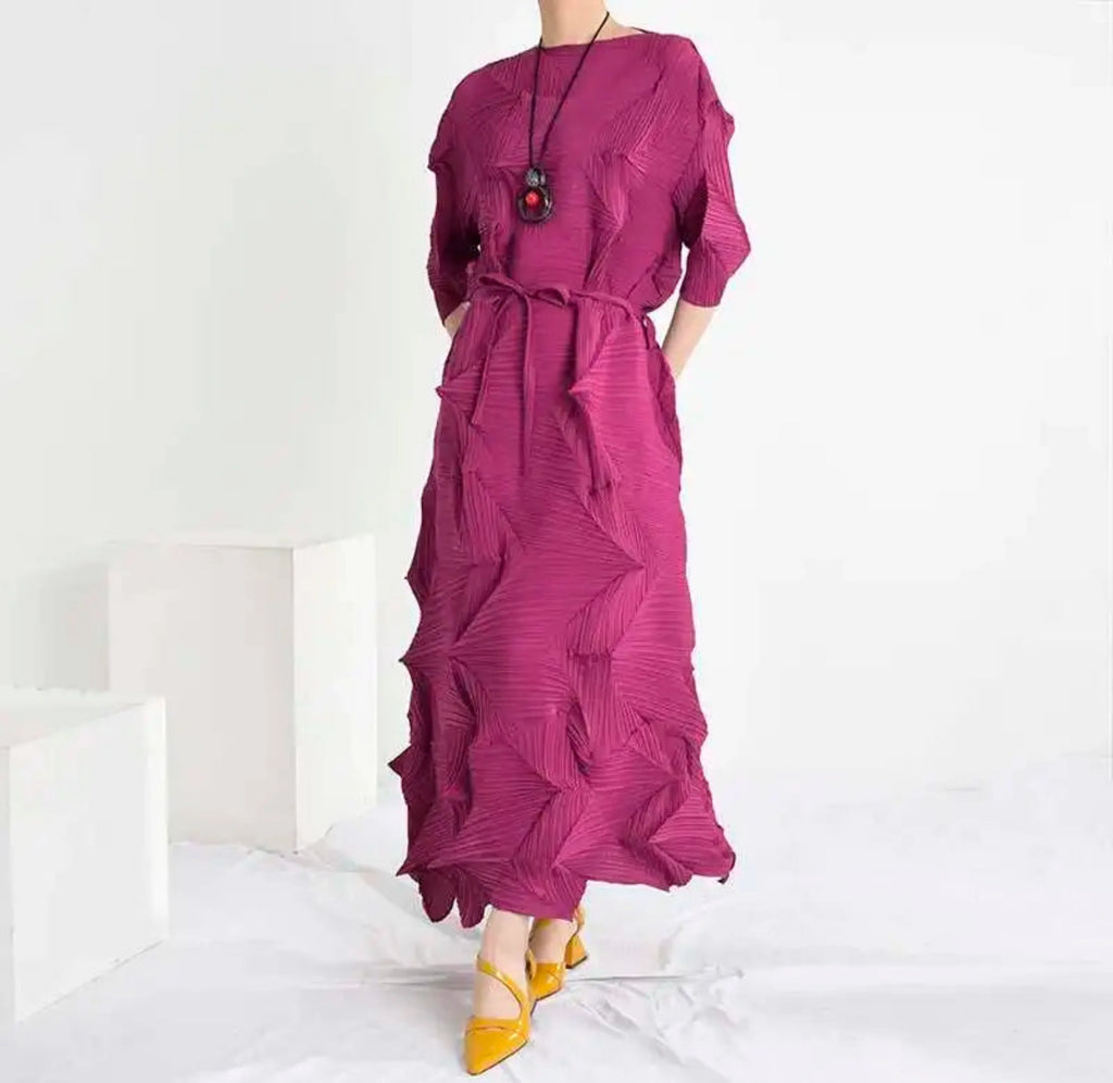 Plissé Geometric Midi Dress
