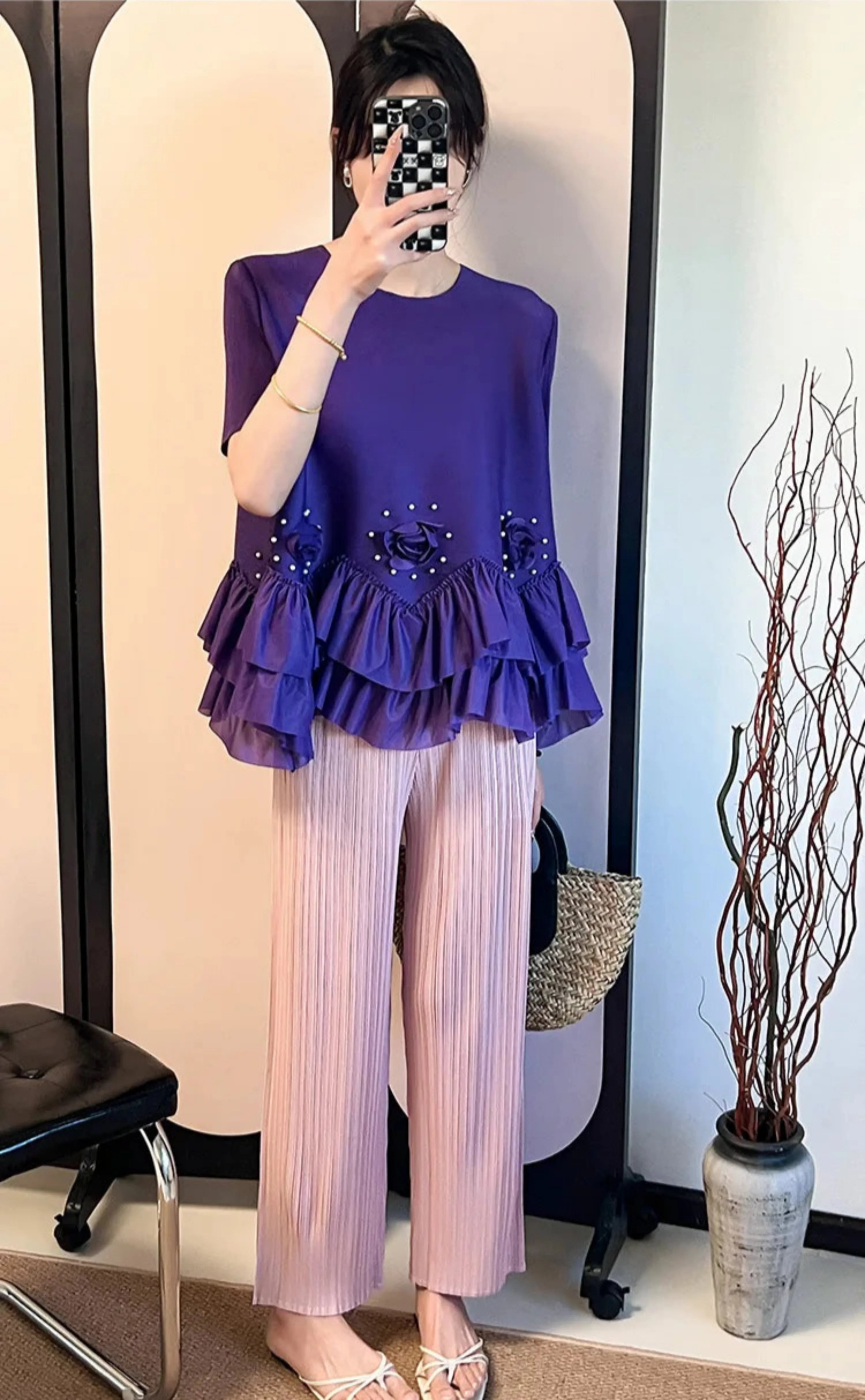 Floral Plissé Ruffle Blouse Top