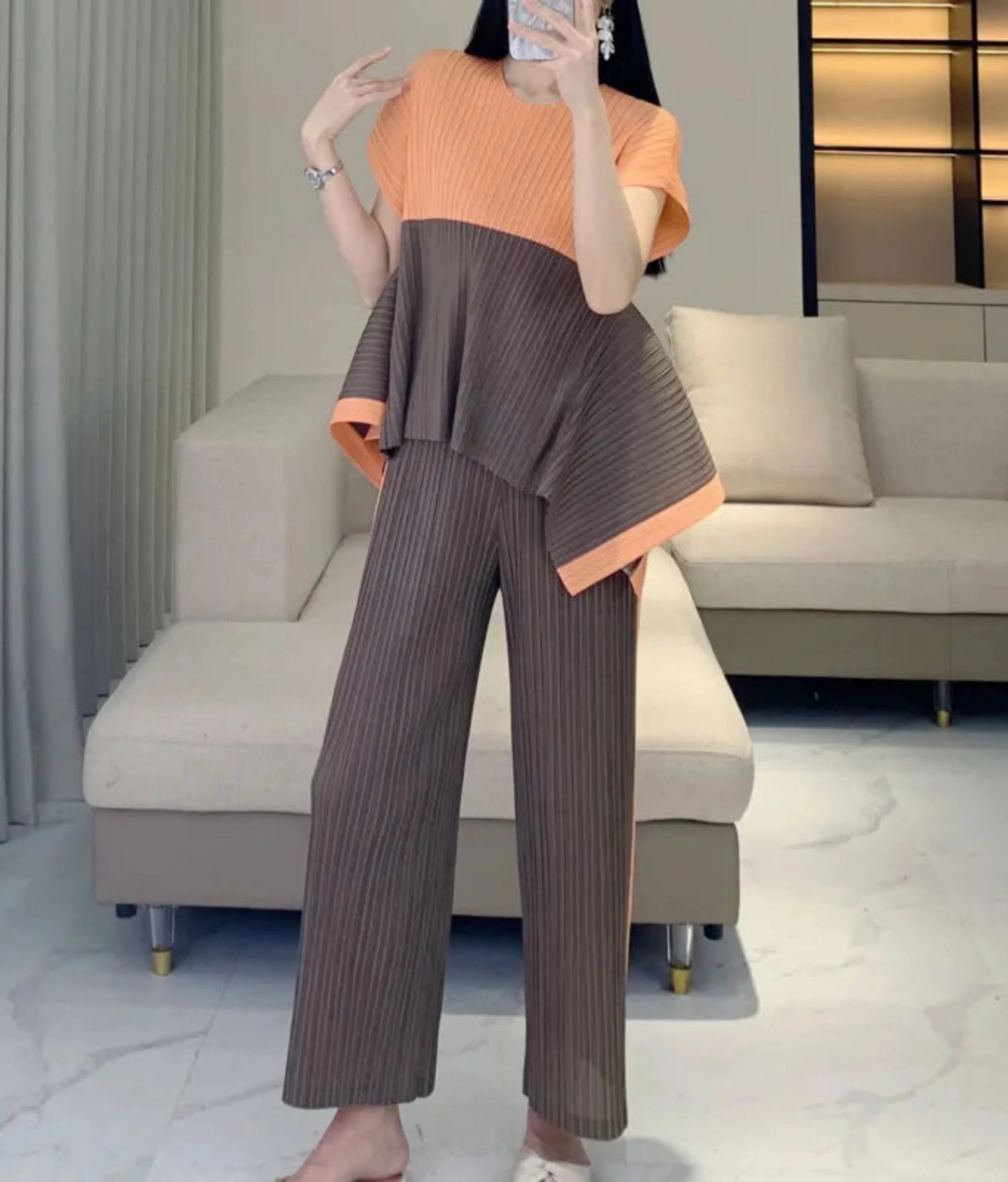 Geometric Pleated Top & Pants Set