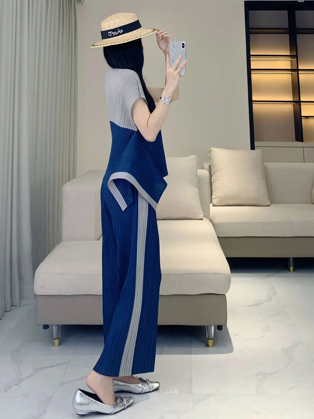Geometric Pleated Top & Pants Set