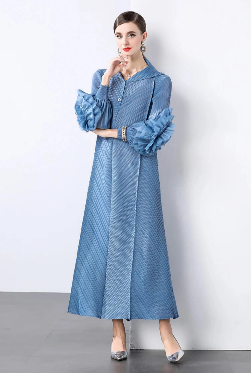 Plissé Pleated Long Sleeve Dress