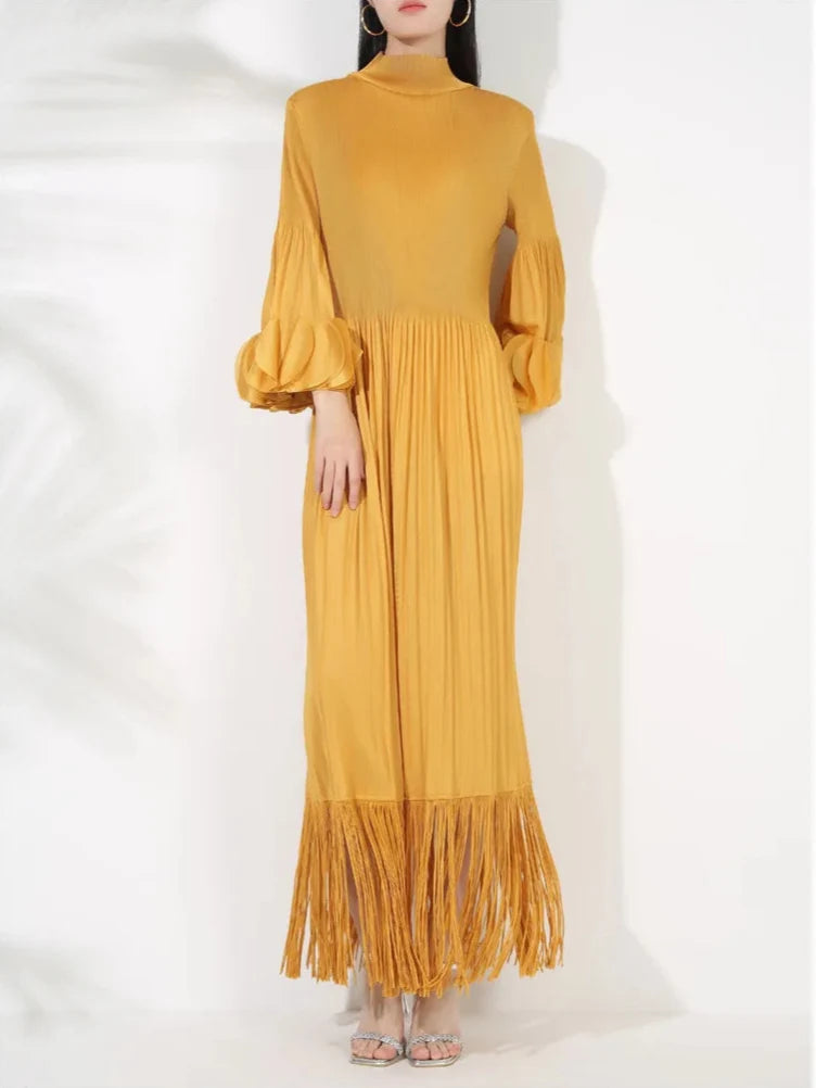 Pleated Long Sleeve Midi Dress with Tassels
