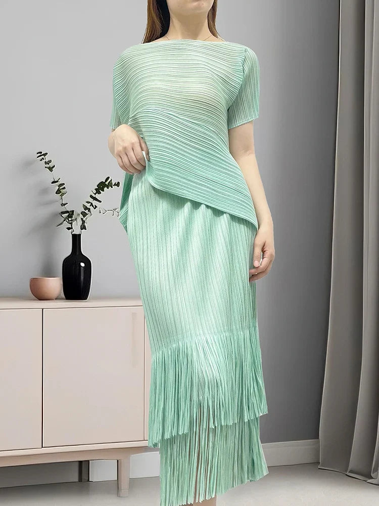 Asymmetric Pleated Fringe Skirt Set
