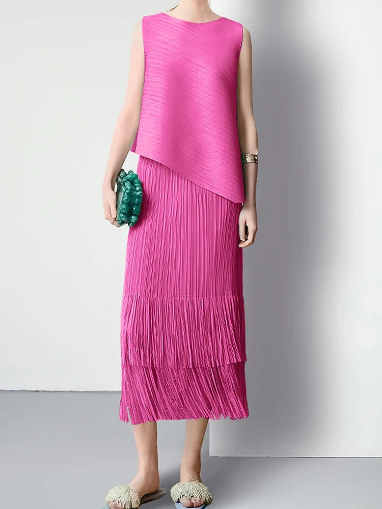 Luxury Plissé Pleated Tassel Skirt Set