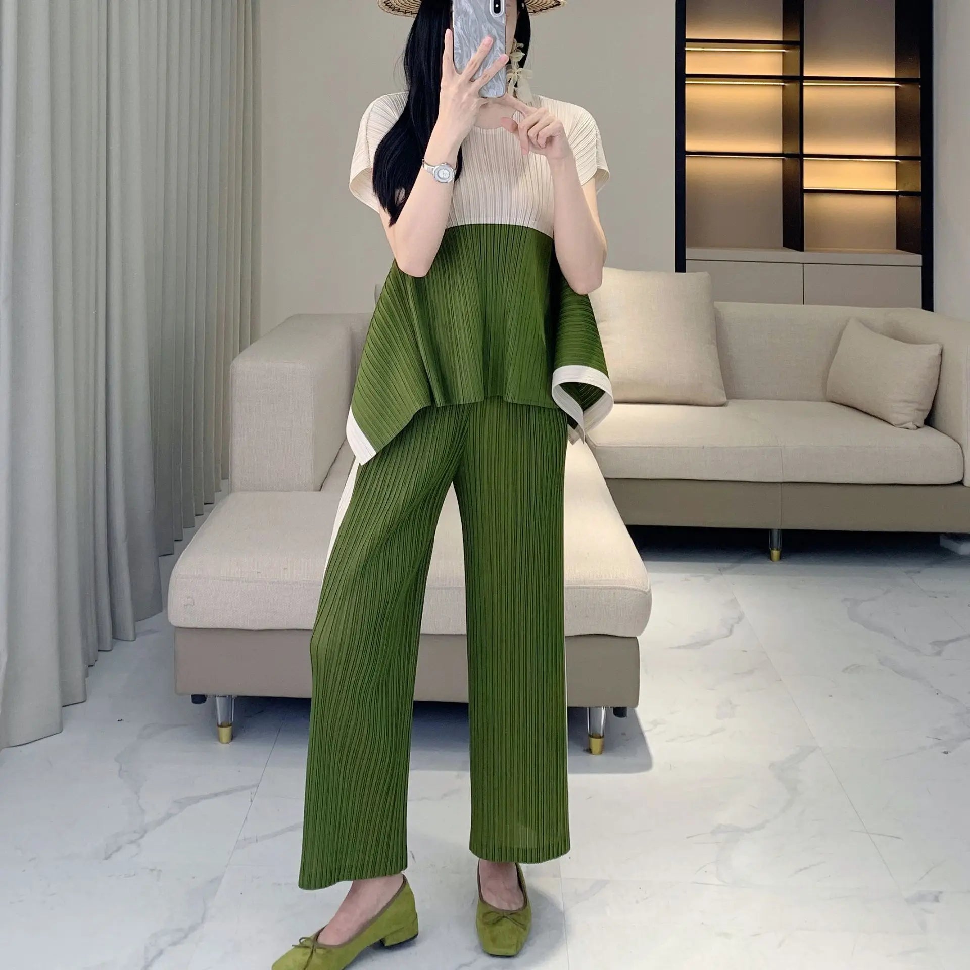 Geometric Pleated Top & Pants Set