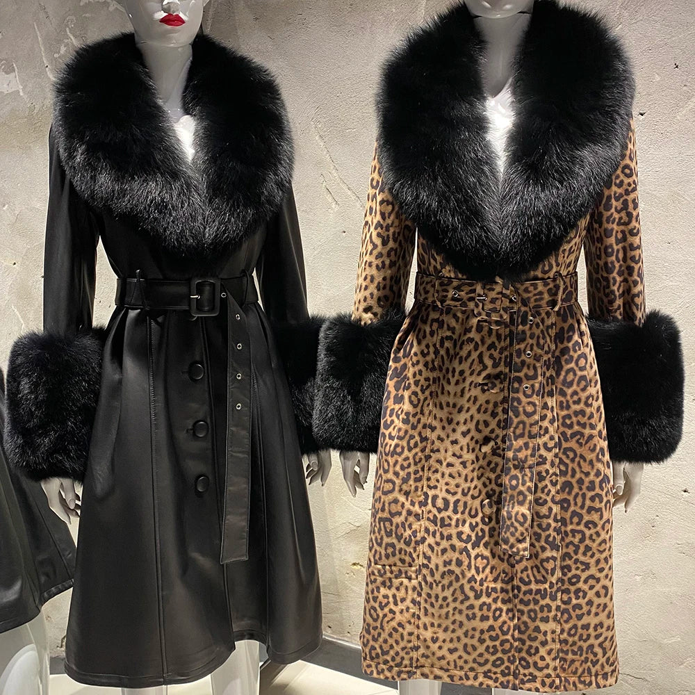 Women's Leather Coat with Fur Collar & Cuffs