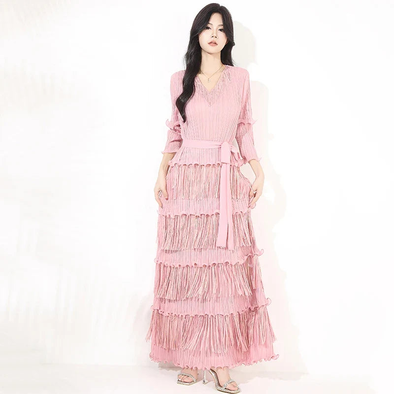 Plissé Japanese Fringe Midi Dress
