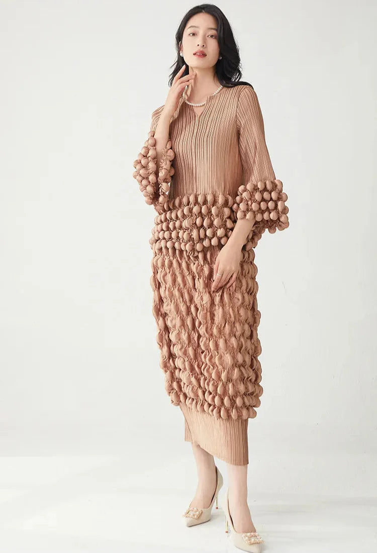 Couture Bubble Plisse Outfit - Midi Skirt & Top Set