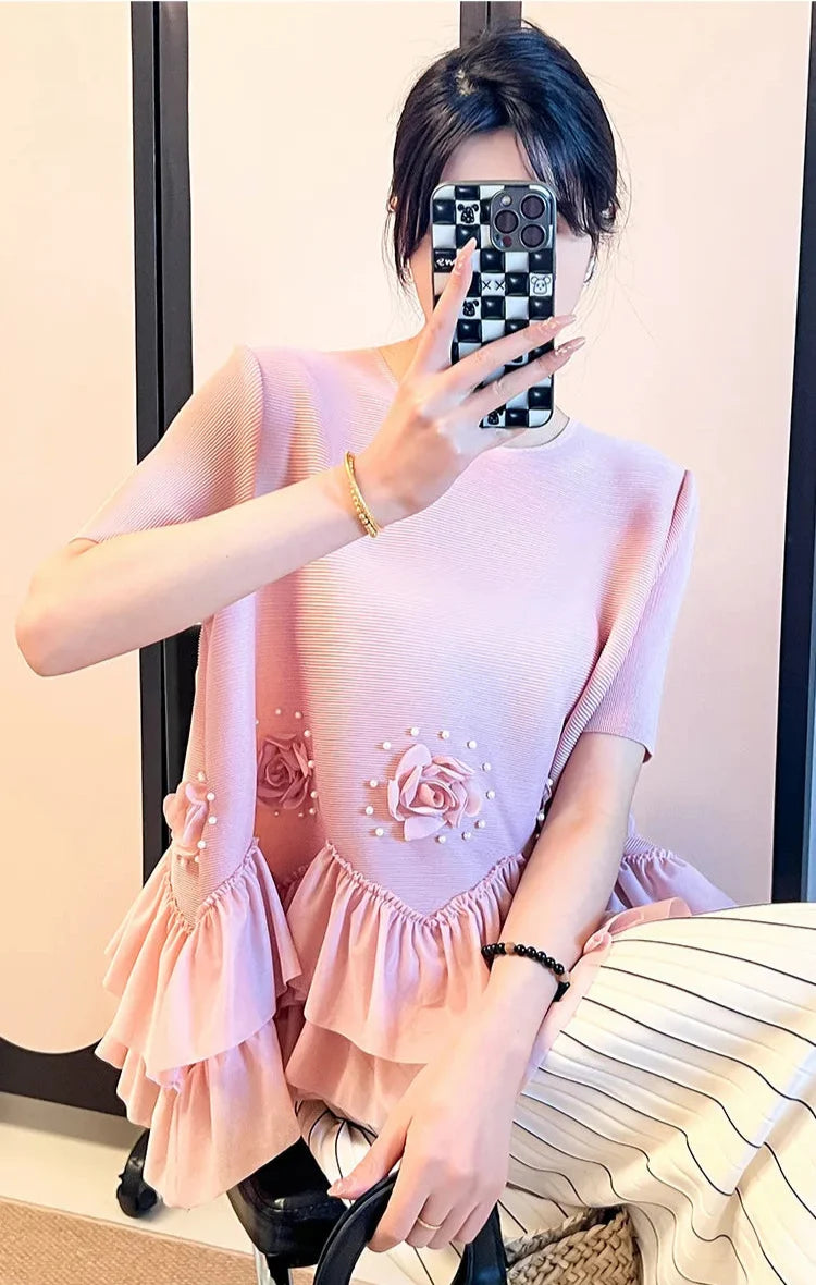 Floral Plissé Ruffle Blouse Top