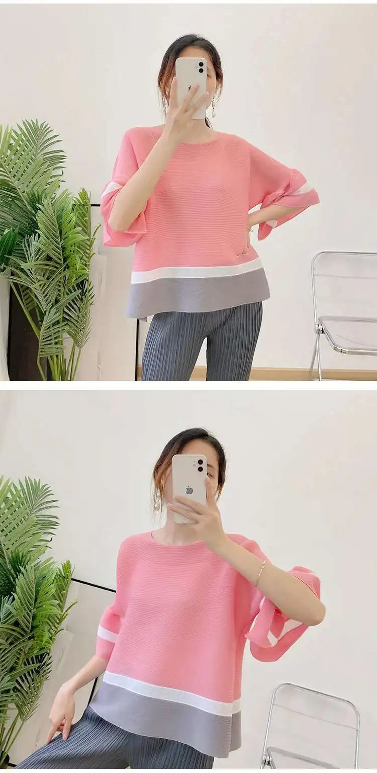 Truly Pleated Stripe 3/4 Sleeve Top