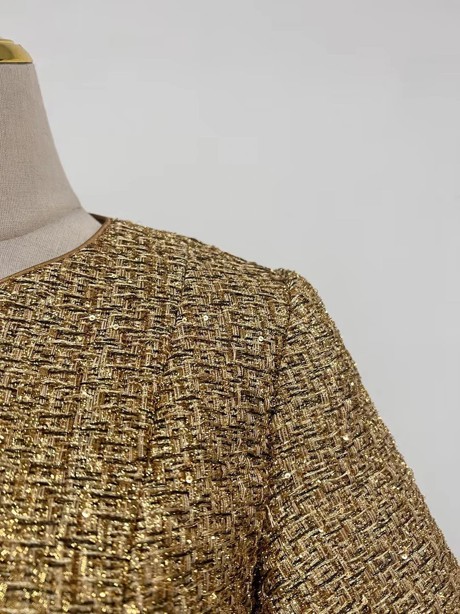 Women's Gold Metallic Tweed Peplum Jacket
